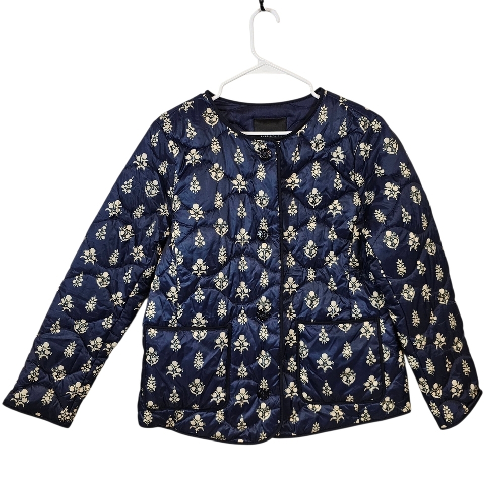 Talbots Quilted Puffer Floral Ditsy Foulard Button Down Collarless Jacket